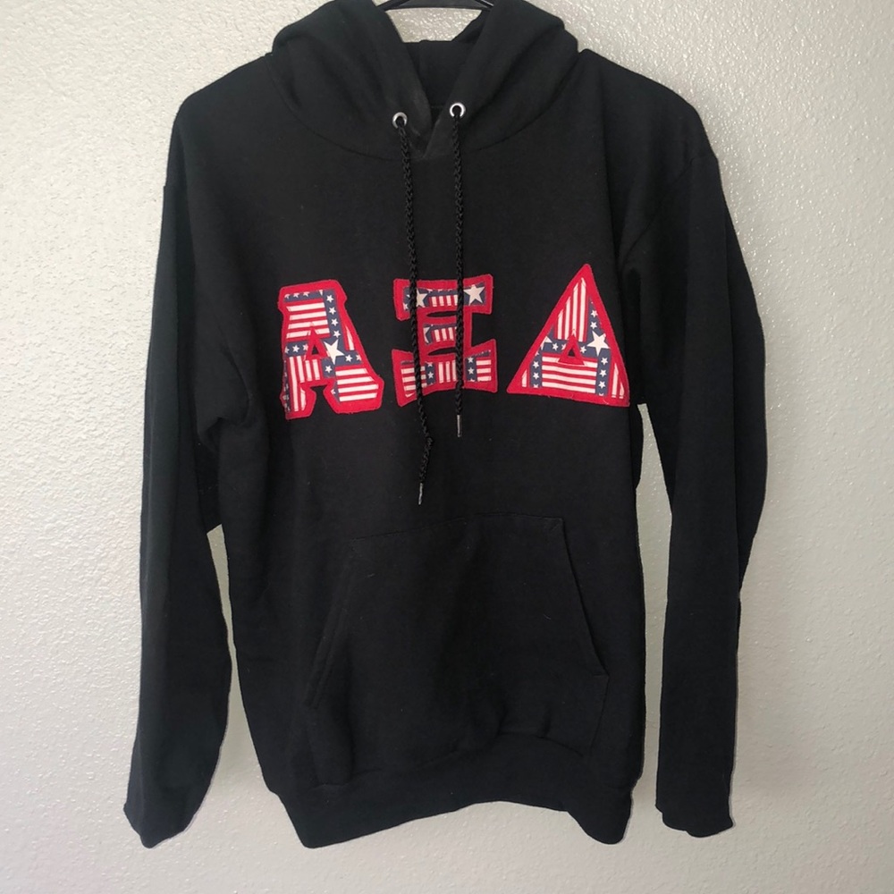 Black hoodie American flag Alpha Xi Delta letters